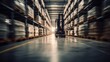 © IC Production - Forklift truck moving in warehouse in blurry motion. Concept of warehouse. The forklift in the big warehouse on blurred background. Delivery concept. Storehouse concept. Box concept. Logistic concept.
