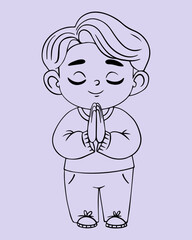 Wall Mural - Cute praying boy in full growth with folded hands in prayer. Linear hand drawing. Coloring book. Religious believer male child character concept. Kids collection.