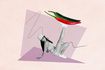 Sticker - Creative abstract picture collage illustration of cool girl holding on her leg chilli peppers different types isolated on pink background