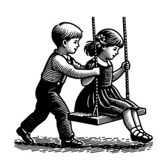 A cute boy is pushing a girl on a swing. Vintage black engraving illustration. isolated on white background