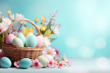 Wall Mural - Easter eggs in a basket, Easter banner 