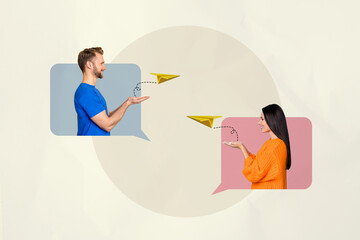 Creative collage image two standing colleagues share correspondence communicate wireless social network messenger remote conversation