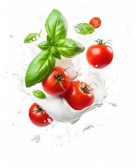 Wall Mural - tomatoes, basil and mozzarella falling with water splashes isolated on white