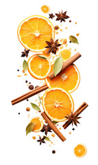 Wall Mural - falling oranges and cinnamon with leaves isolated on white or transparent png