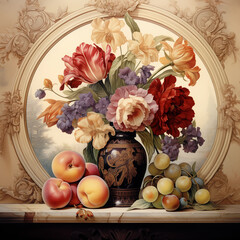Wall Mural - Colorful garden flowers bouquet and fruits. Elegant still life in decorative Art Nouveau patterned frame. Vintage painting style illustration.