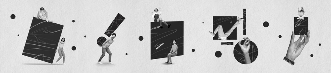 Poster - Collage black white gamma poster of business people isolated on drawing creative background