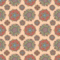 Wall Mural - Classic Hand-drawn Floral Rosette Seamless Pattern