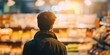 Back view of a man in a grocery store doing shopping inflation concept out of focus blurred background - Generative ai