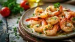 Close-up of a delicious shrimp scampi dish with herbs