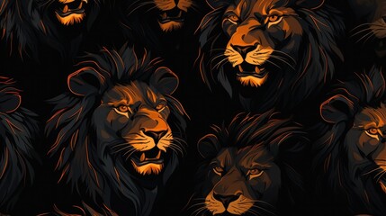 Wall Mural - Lion African savanna safari animal pattern texture background, on black background. Generative AI