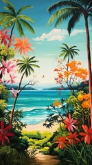 Wall Mural - A painting of a tropical scene with palm trees