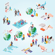 migrant workers set with migration symbols isometric isolated vector illustration