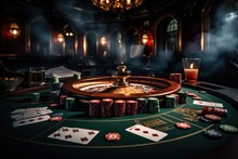 A big poker table, Place a betting table, Play blackjack with stacked poker cards and roulette lie on the table. Generative AI.