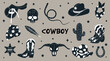 Hand drawn black and white vector cowboy accessories. Collection of retro elements. Cowboy Western and Wild West theme. Set of cowboy hat, boots, cactus, lasso, cow skull, horseshoe, saddle, feather.