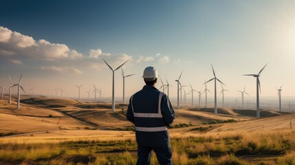 Poster - Environmental engineer in a hard hat and casual attire, Standing in a green field with wind turbines in the distance. Generative AI.