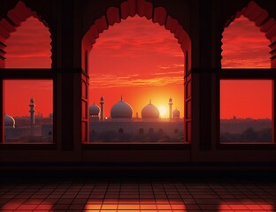 Wall Mural - Beautiful sunset in the window of the mosque. 3D rendering