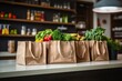 Grocery Store Paper Bags Filled with Fresh Fruits and Vegetables, Copy Space Available