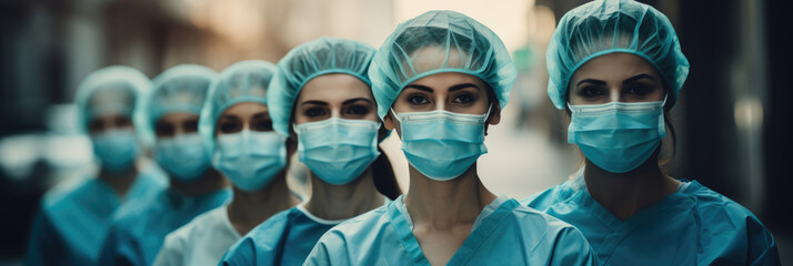 Team of doctors and nurses in protective suits and masks in the hospital. Horizontal banner