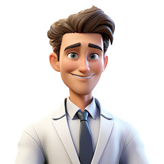3D cartoon man in white suit. Businessman character on transparent background. Generative AI