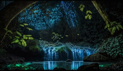 Wall Mural - 
In the Heart of the Jungle: Capturing the Mesmerizing Glint of a Waterfall - AI Generative