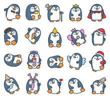 Cute Kawaii Penguin. Beautiful Animals Cartoon Character. Hand Drawn Style. Vector Drawing. Collection Of Design Elements.