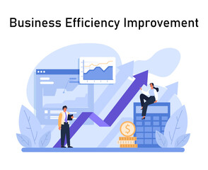 Poster - Business Efficiency Improvement spotlighted. Professionals analyze a growth chart, with rising trends and coin stack. Aiming for higher profits and enhanced performance. Flat vector.