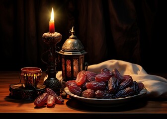 Wall Mural - Ramadan Kareem background with dates and lantern on wooden table.