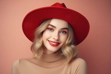 Wall Mural - Portrait of a young caucasian woman in a red hat and red lips on peach fuzz background