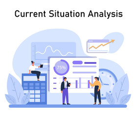 Poster - Professionals assessing company's current status with charts and figures, evaluating growth trajectory and efficiency rate. Real-time business evaluation. Flat vector.