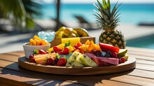 A Tropical Fruit Platter On A Beach Picnic Table, Showcasing The Vibrant Colors Of Summer Under The Palm Trees. [ah Summer Summer Sun Palm Trees Beach]