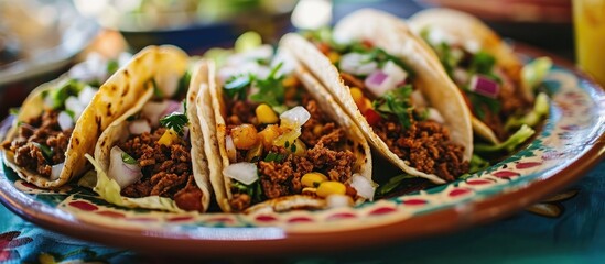 Wall Mural - Colorful plate with Mexican beef and lettuce and onion-filled hard shell corn tacos.