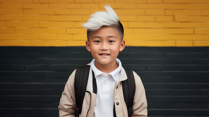 Asian boy with white hair ends hairstyle against yellow and black wall