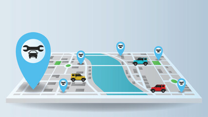 flat background of route navigation location city map with blue pin and garage shop fixing a car service