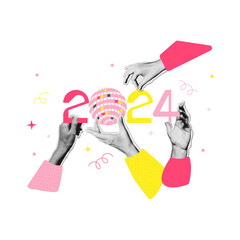 Wall Mural - Trendy 2024 New Year banner design in mixed media collage style. Halftone Hands holding numbers and mirror ball. Winter Holiday celebration concept. Vector illustration for poster or greeting card