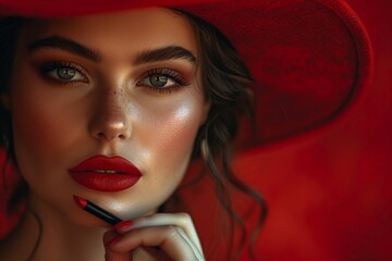 Wall Mural - Close-up photo of a young woman applying red lipstick