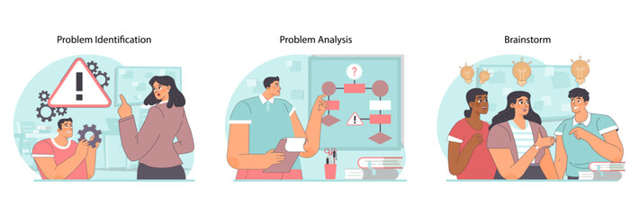 Poster - Problem-solving stages set. Beginning stages of processing complicated situation. Pinpointing issues, dissecting complexities, and ideating solutions. Navigating thought processes. Flat vector