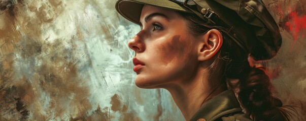 Courageous female soldier. Young girl wearing retro military uniform. Confidence and pride in army service for professional hero. Vintage poster, card, background