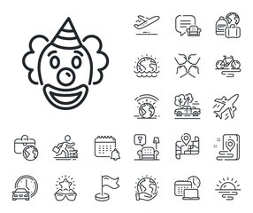 Poster - Amusement park funnyman sign. Plane jet, travel map and baggage claim outline icons. Clown line icon. Clown line sign. Car rental, taxi transport icon. Place location. Airport lounge. Vector