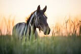 Fototapeta Konie - black stallion in grass at sunrise