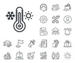 Cold and warm thermostat sign. Salaryman, gender equality and alert bell outline icons. Thermometer line icon. Winter, summer symbol. Snowflake and sun. Thermometer line sign. Vector