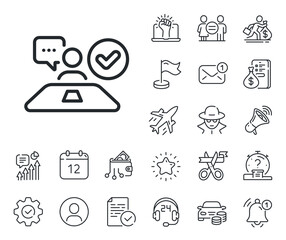 Poster - Accepted employee sign. Salaryman, gender equality and alert bell outline icons. Approved interview line icon. Human resource symbol. Job interview line sign. Spy or profile placeholder icon. Vector