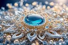A Close Up Of A Blue Diamond Surrounded By Crystals And Water Droplets Of Gold Brooch By Pearls