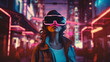 © Adolfo Perez Design - VR Dreamer: Cyberpunk Woman Immersed in Virtual Reality Adventure, Generative AI