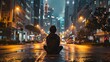 A serene moment amidst the city's chaos, capturing a person meditating on a rain-kissed street with the glow of streetlights and skyscrapers ahead.