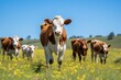 Herd of cows grazing in a meadow on a sunny day, Herd of cow and calf pairs on pasture on the beef cattle ranch, AI Generated