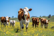 Herd Of Cows Grazing In A Meadow On A Sunny Day, Herd Of Cow And Calf Pairs On Pasture On The Beef Cattle Ranch, AI Generated