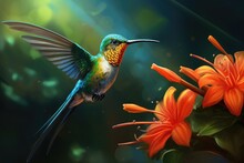 Hummingbird And Orange Lily Flower. Wildlife Scene From Tropic Nature. Hummingbird With Tropical Flower, Hummingbird Long-tailed Sylph, Aglaiocercus Kingi With Orange Flower, AI Generated