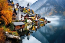 Hallstatt village on the shore of Lake Hallstatter See, Austria, Hallstatt village in Austria, Beautiful village in the mountain valley near the lake, AI Generated