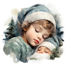 Watercolor Sleeping Baby Christmas Clipart, Generative Ai