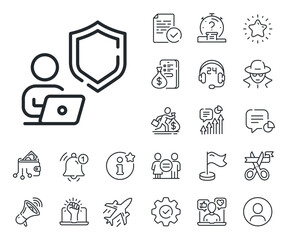 Poster - Privacy secure sign. Salaryman, gender equality and alert bell outline icons. Shield line icon. Safe defense symbol. Shield line sign. Spy or profile placeholder icon. Online support, strike. Vector